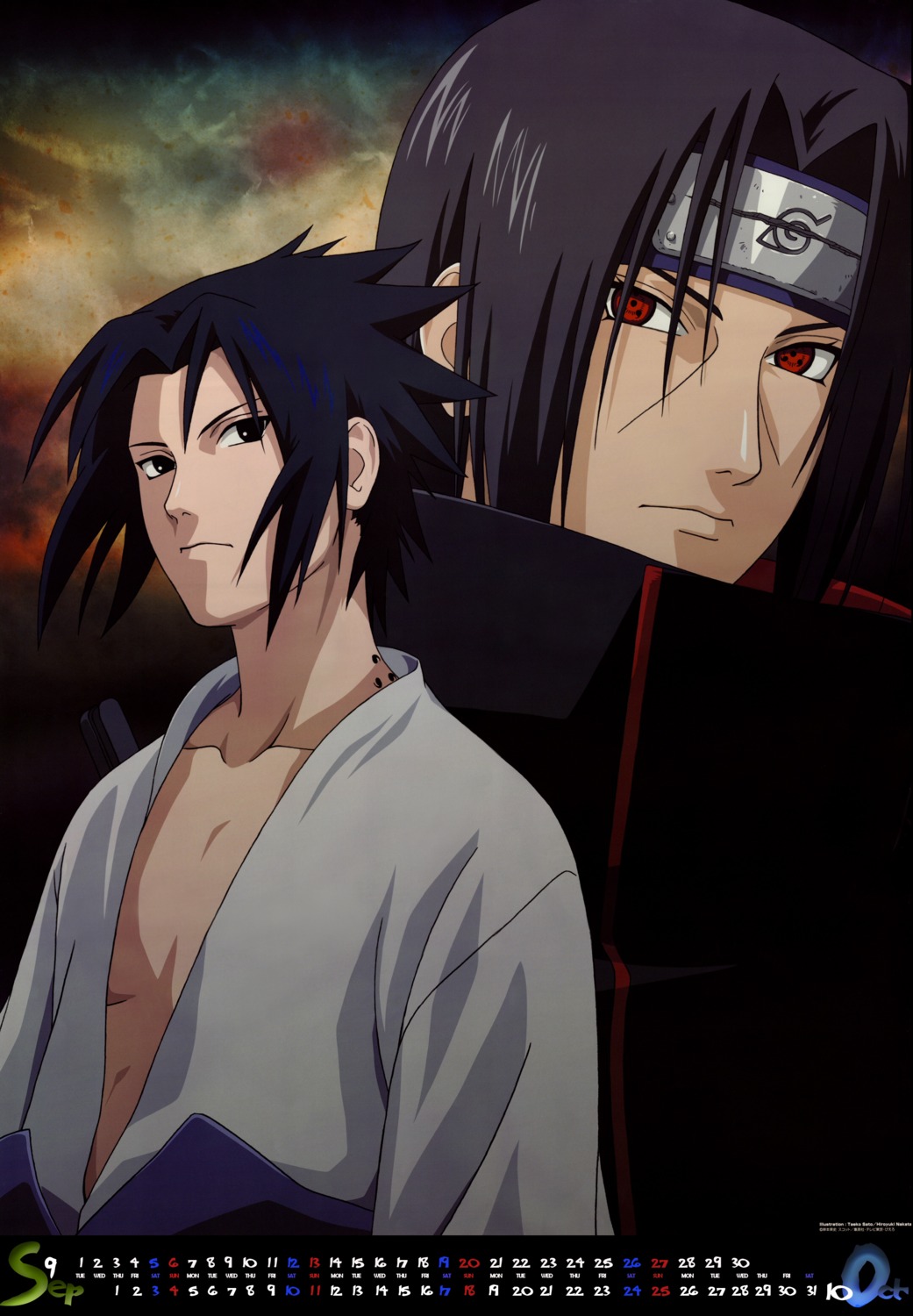 calendar, male, nakata_hiroyuki, naruto, naruto_shippuden, satou_taeko, uchiha_itachi, uchiha_sasuke