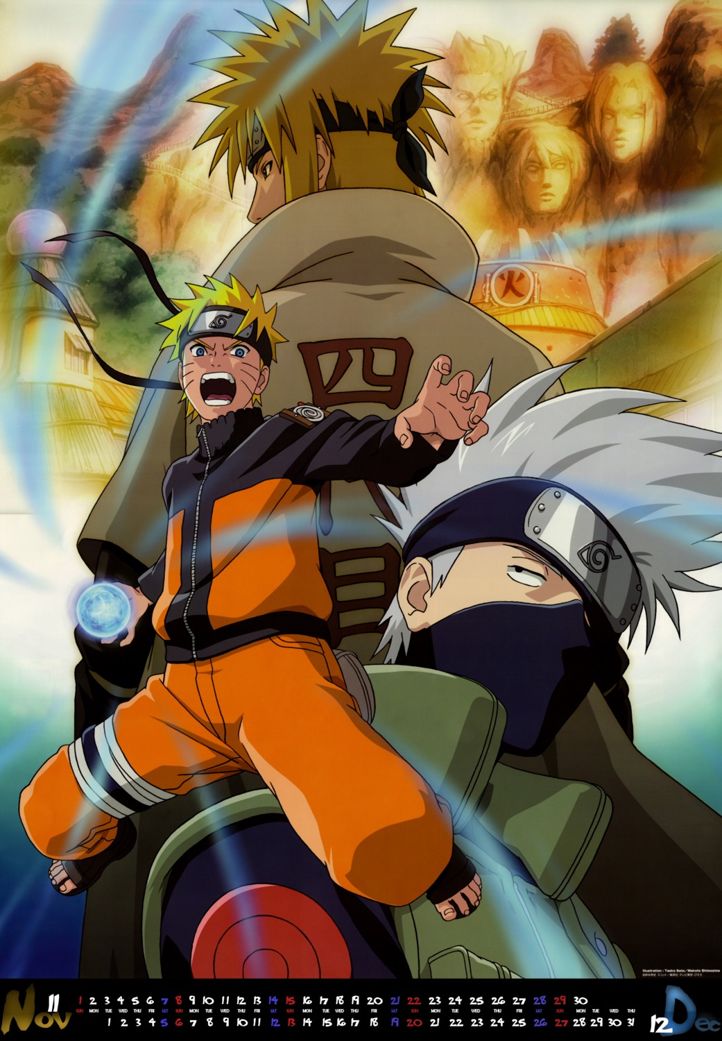 calendar, hatake_kakashi, male, namikaze_minato, naruto, naruto_shippuden, satou_taeko, shimozima_makoto, uzumaki_naruto
