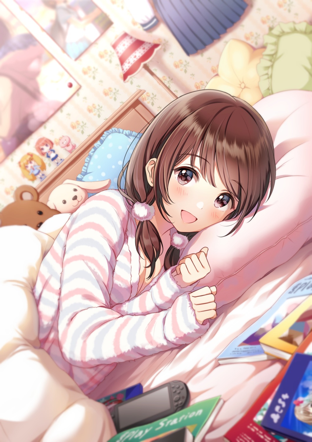 breast_hold, cleavage, no_bra, open_shirt, pajama, sheets, yatomi