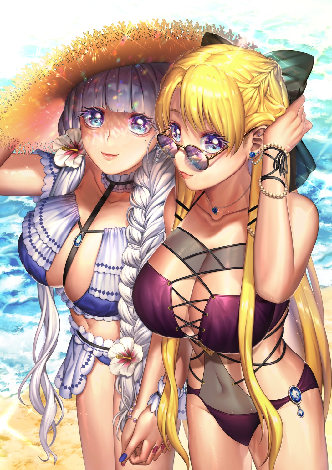 azur_lane, bikini, cleavage, illustrious_(azur_lane), megane, see_through, swimsuits, victorious_(azur_lane), yumeko_(artist), yuri