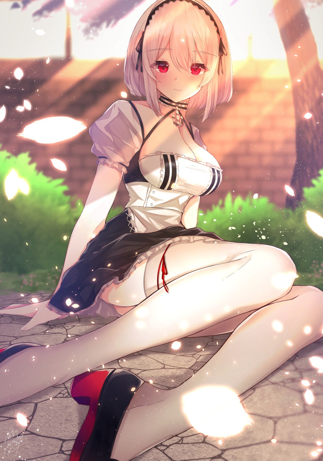 azur_lane, cleavage, heels, maid, sirius_(azur_lane), skirt_lift, taiyaking, thighhighs