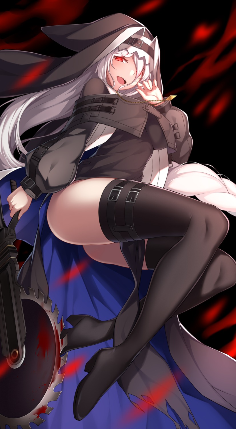 arknights, blood, garter, heels, nun, specter_(arknights), thighhighs, weapon, zhi_jiyang