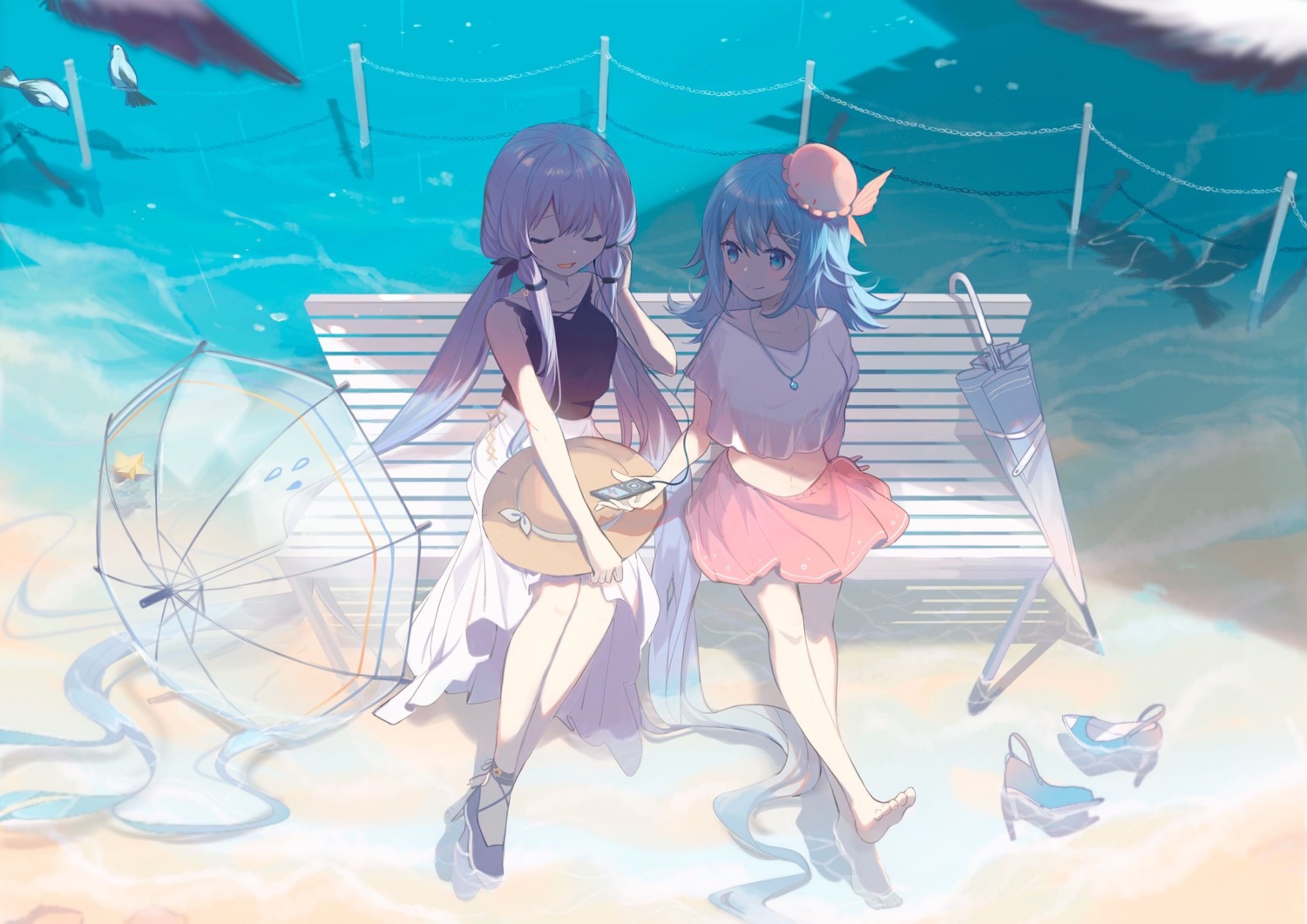 cleavage, feet, haiyi, headphones, heels, jpeg_artifacts, maple040, stardust_(vocaloid), synthesizer_v, umbrella, vocaloid, wet