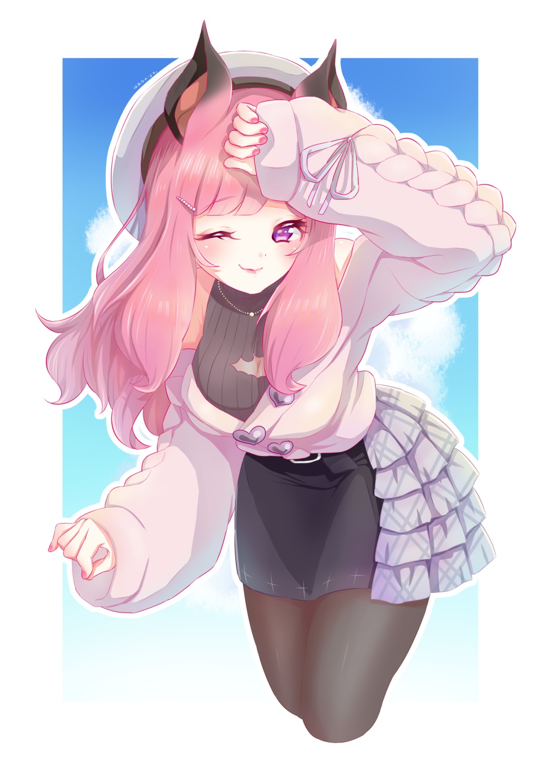 animal_ears, animare, cleavage, nanashi_inc., pantyhose, sweater, tagme, umori_hinako