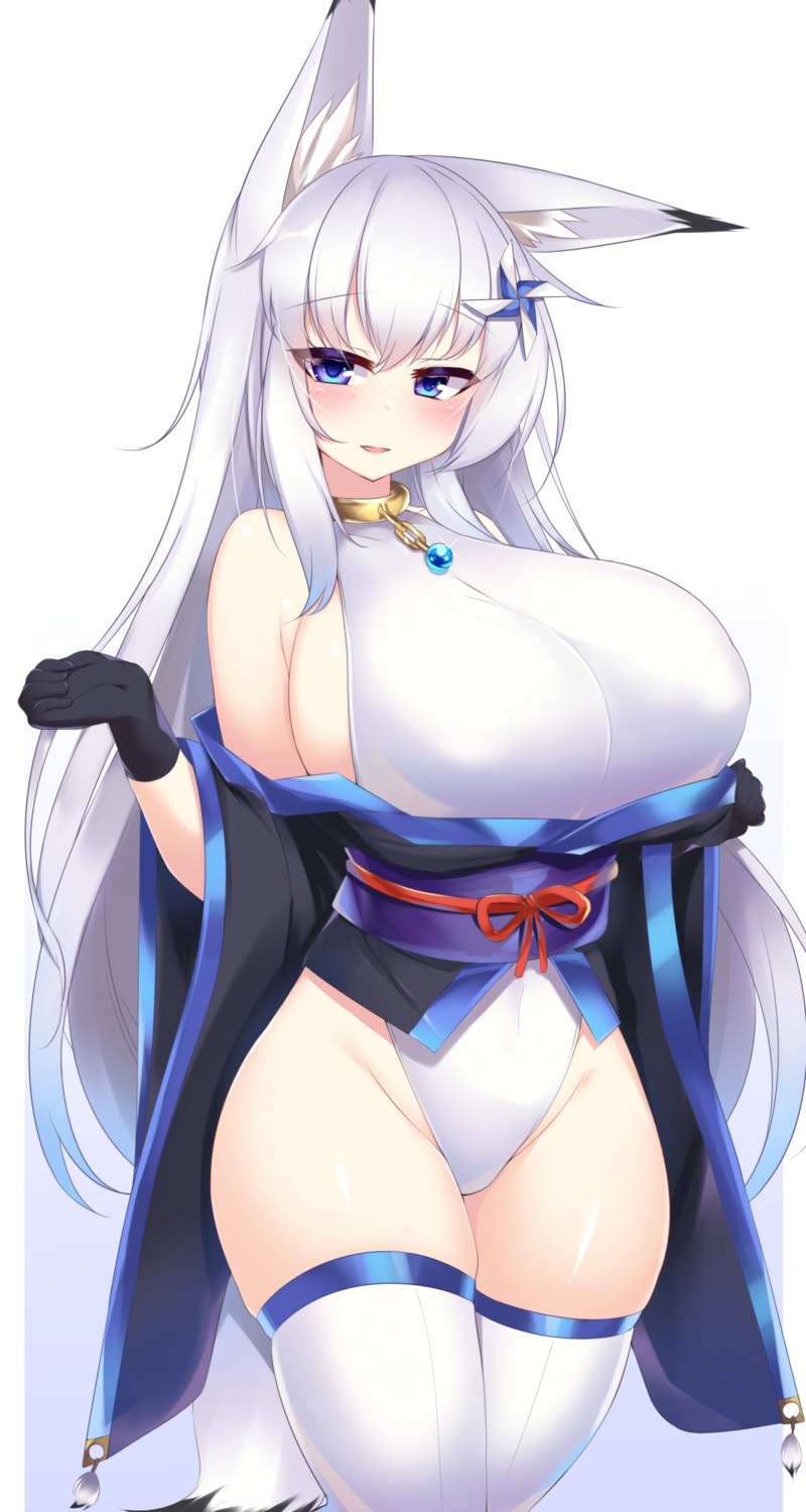 animal_ears, japanese_clothes, kitsune, kutan, leotard, tail, thighhighs