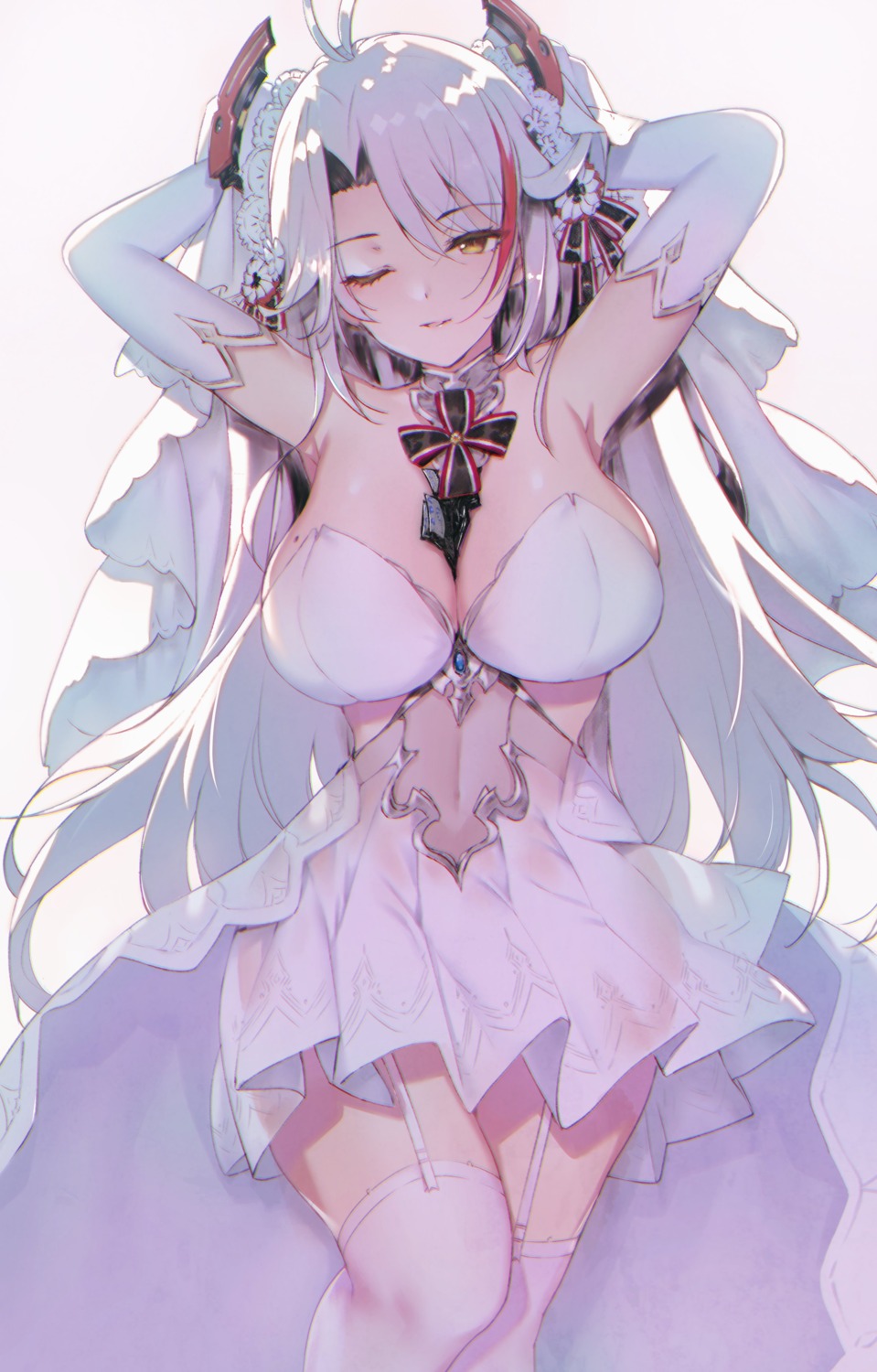 azur_lane, cleavage, dress, katsurai_yoshiaki, prinz_eugen_(azur_lane), see_through, stockings, thighhighs, wedding_dress