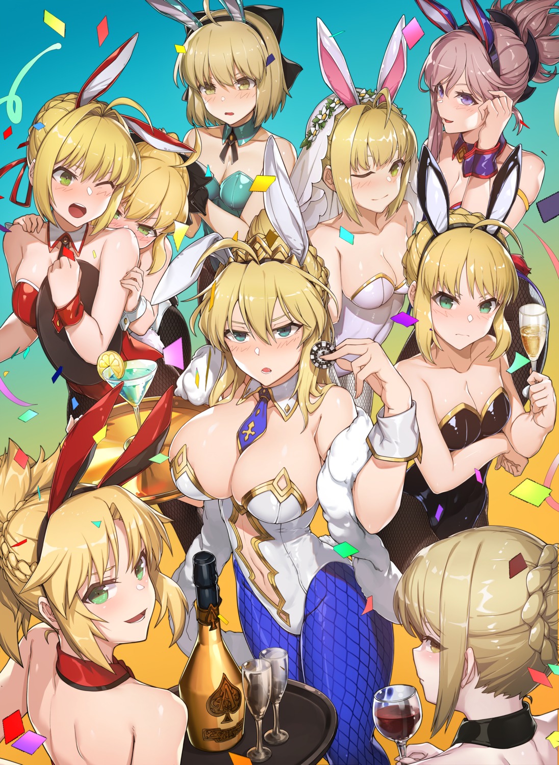 animal_ears, artoria_pendragon_(fate), artoria_pendragon_alter_(fate), breast_hold, bunny_ears, bunny_girl, cleavage, fate/apocrypha, fate/extra, fate/grand_order, fate/stay_night, fate/unlimited_codes, fishnets, miyamoto_musashi_(fate), mordred_(fate), nero_claudius_(fate), no_bra, okita_souji_(alter)_(fate), okita_souji_(fate), pantyhose, peachpa, tail, yuri