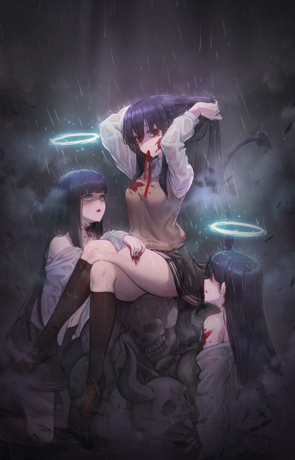 blood, open_shirt, peachpa, seifuku, sweater, tail, wet, wet_clothes