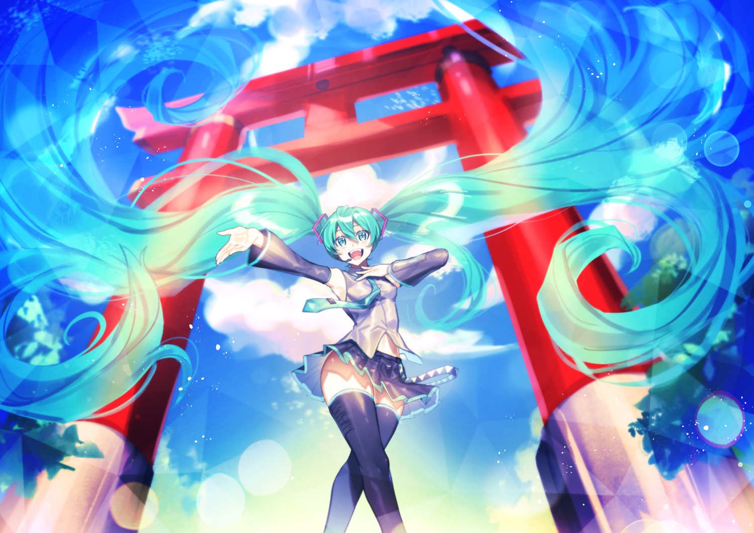 hatsune_miku, headphones, ichimonjikun2, skirt_lift, thighhighs, vocaloid