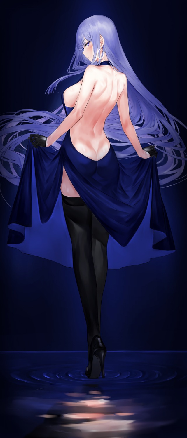 akitaka_akita, ass, dress, heels, no_bra, nopan, skirt_lift, thighhighs