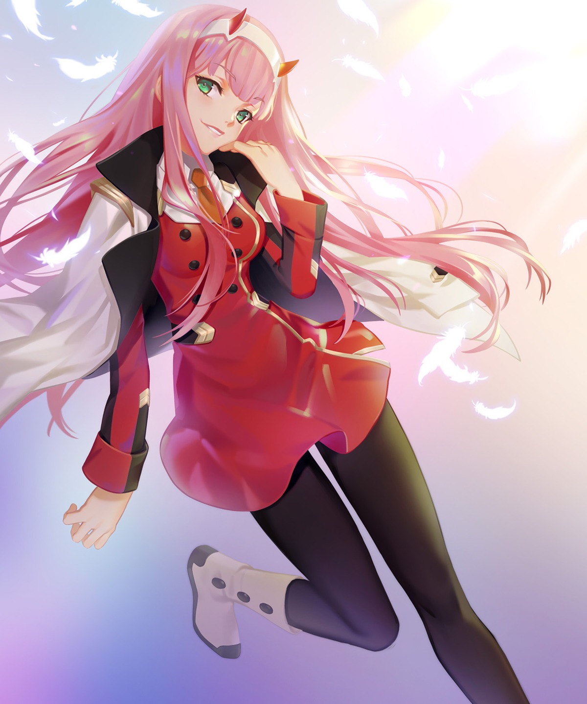 darling_in_the_franxx, horns, littleamber, pantyhose, uniform, zero_two_(darling_in_the_franxx)