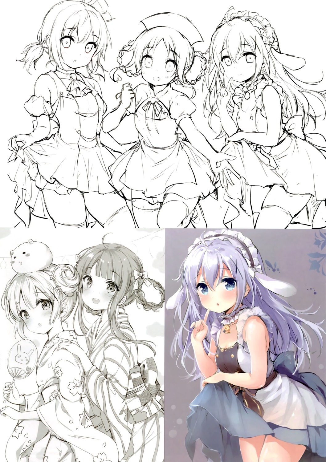 chiyingzai, gochuumon_wa_usagi_desu_ka?, jouga_maya, kafuu_chino, maid, natsu_megumi, sketch, skirt_lift