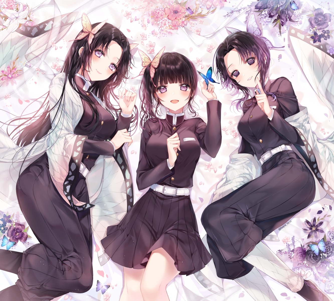 japanese_clothes, kimetsu_no_yaiba, kochou_kanae, kochou_shinobu, taya_oco, tsuyuri_kanao, uniform