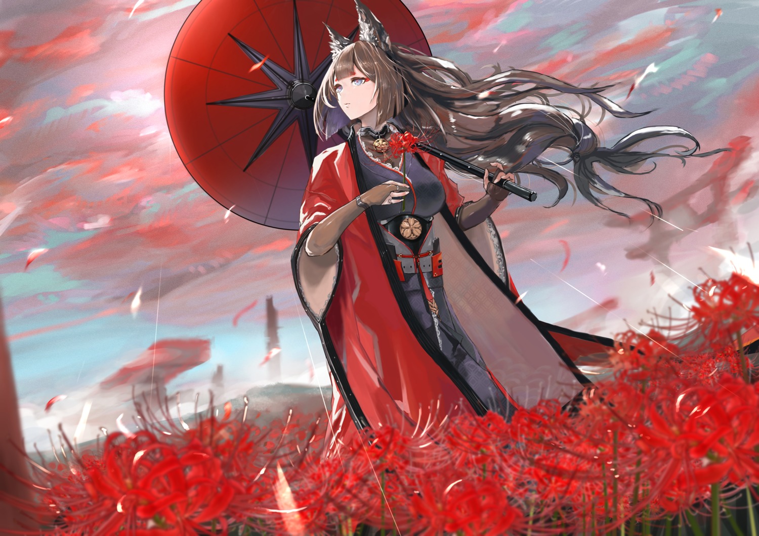 amagi_(azur_lane), animal_ears, azur_lane, japanese_clothes, kdm_(ke_dama), kitsune, umbrella