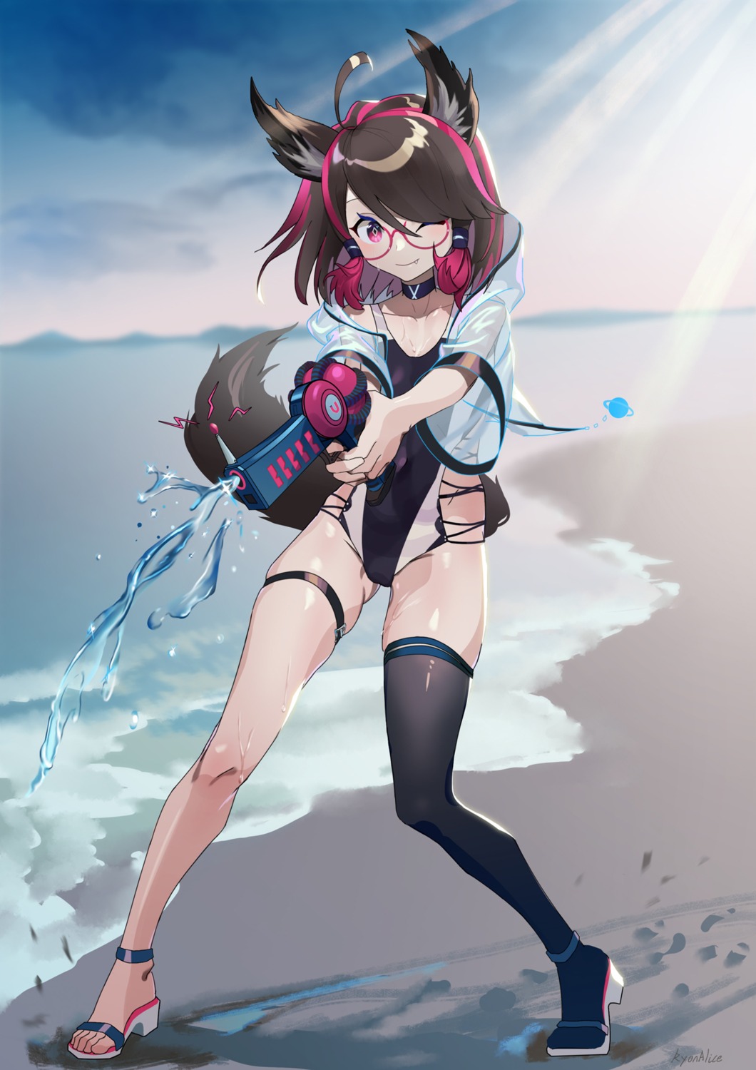 animal_ears, cleavage, dr_yuzhouzhi, garter, gun, heels, liyou-ryon, megane