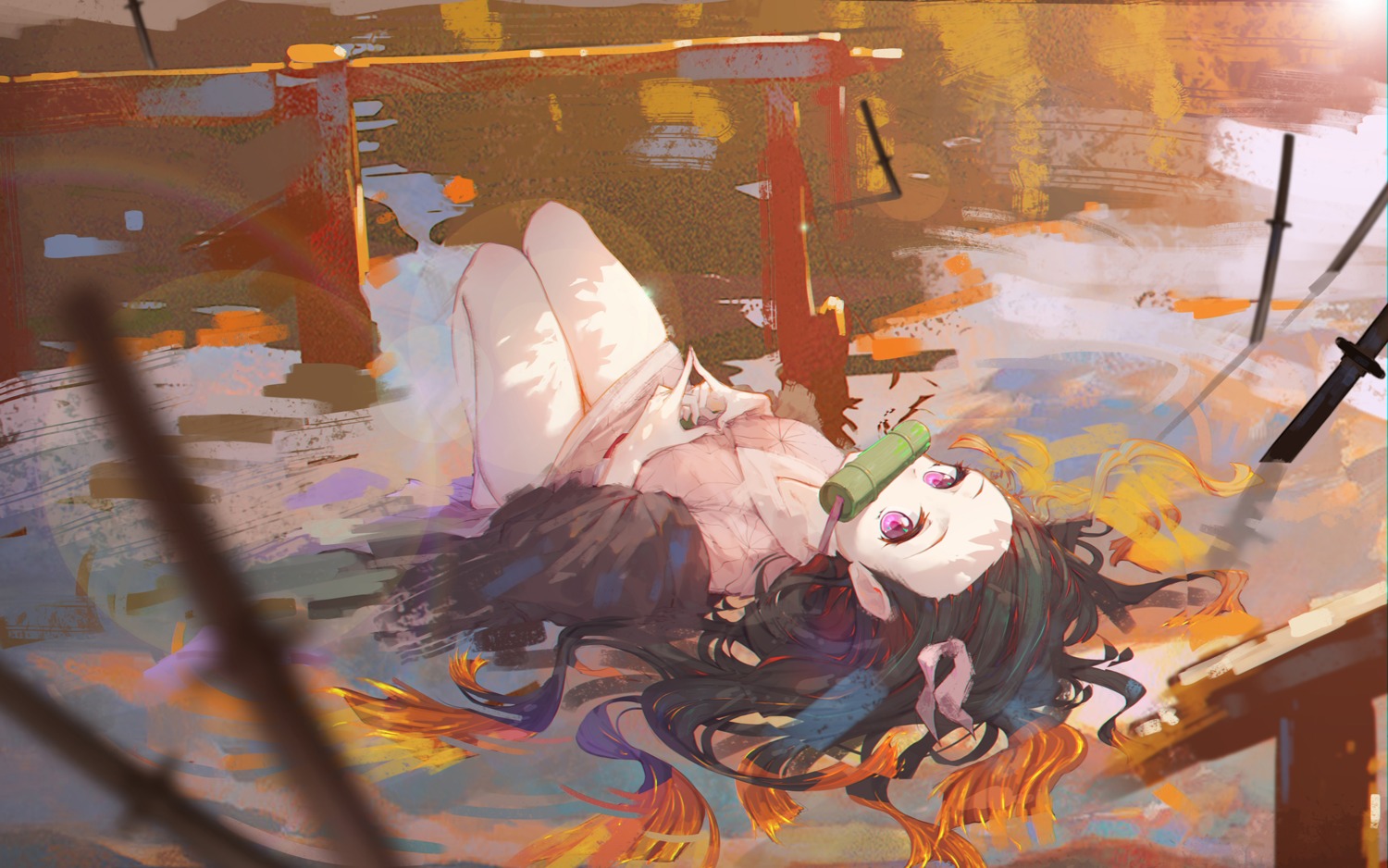 asa_ni_haru, japanese_clothes, kamado_nezuko, kimetsu_no_yaiba, skirt_lift