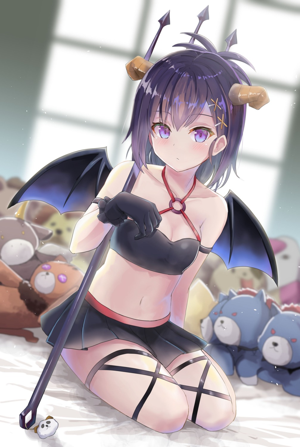 cleavage, gabriel_dropout, horns, tenma-gav, tsukinose_vignette_april, weapon, wings