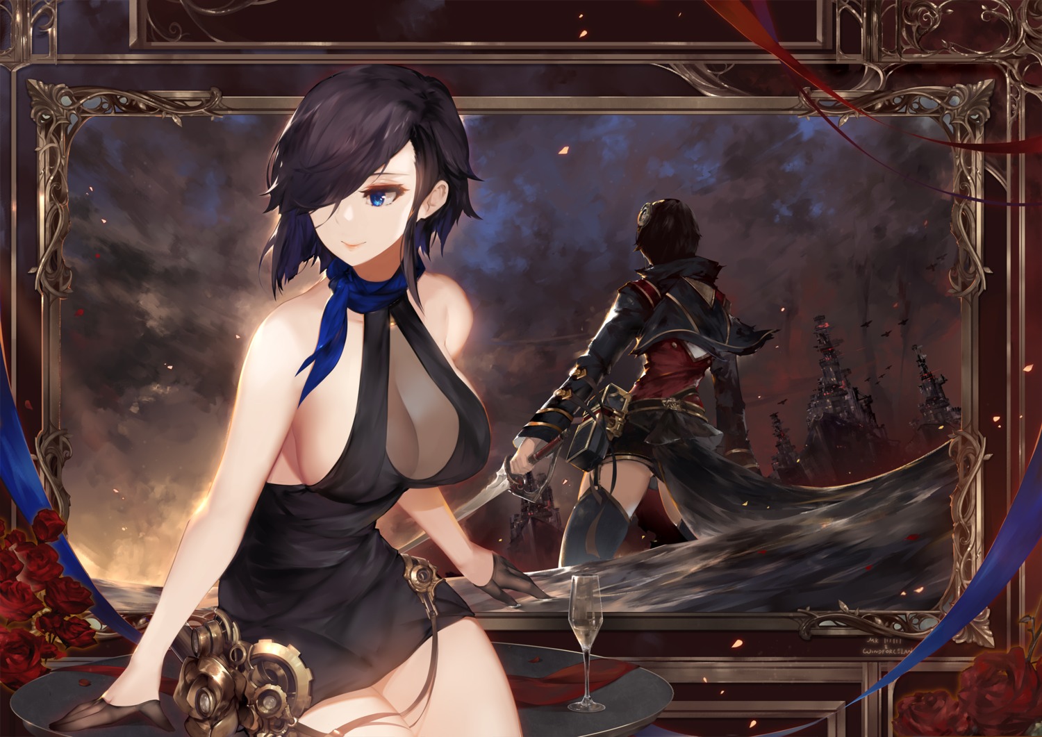 ark_royal_(azur_lane), azur_lane, cleavage, dress, no_bra, see_through, stockings, sword, thighhighs, windforcelan
