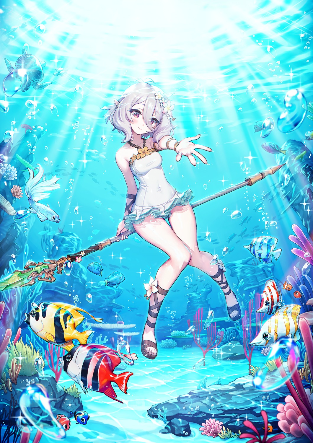 kokkoro, pointy_ears, princess_connect!, princess_connect!_re:dive, punc_p, swimsuits, weapon