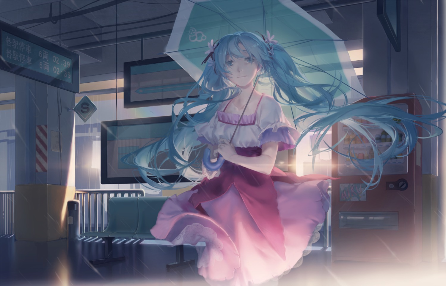 hatsune_miku, skirt_lift, spencer_sais, umbrella, vocaloid