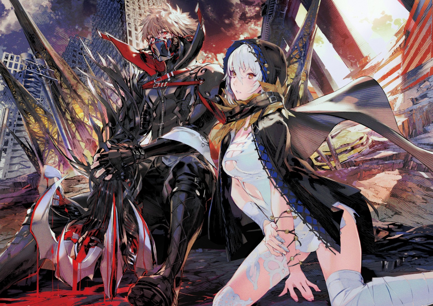 bandages, code_vein, io_(code_vein), taiki_(luster), torn_clothes