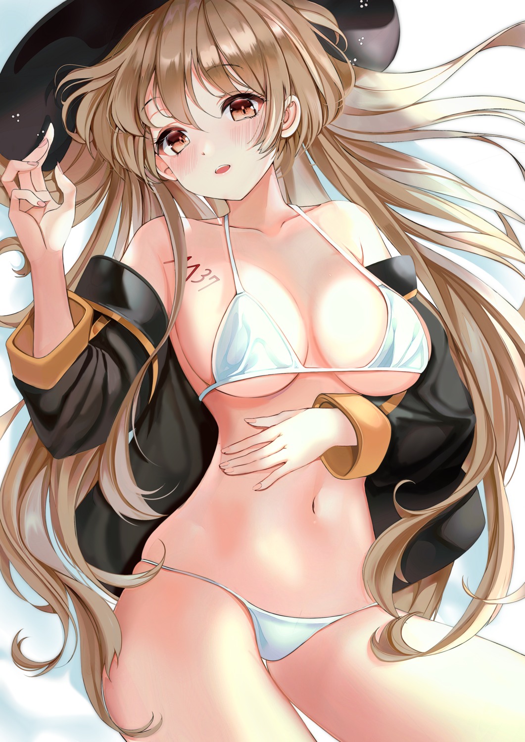 bikini, buri_(retty9349), girls_frontline, ithaca_m37_(girls_frontline), open_shirt, swimsuits, tattoo