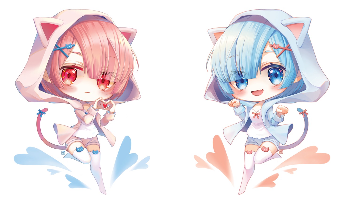 animal_ears, chibi, jii_dayday, nekomimi, ram_(re_zero), re:zero_kara_hajimeru_isekai_seikatsu, rem_(re_zero), tail