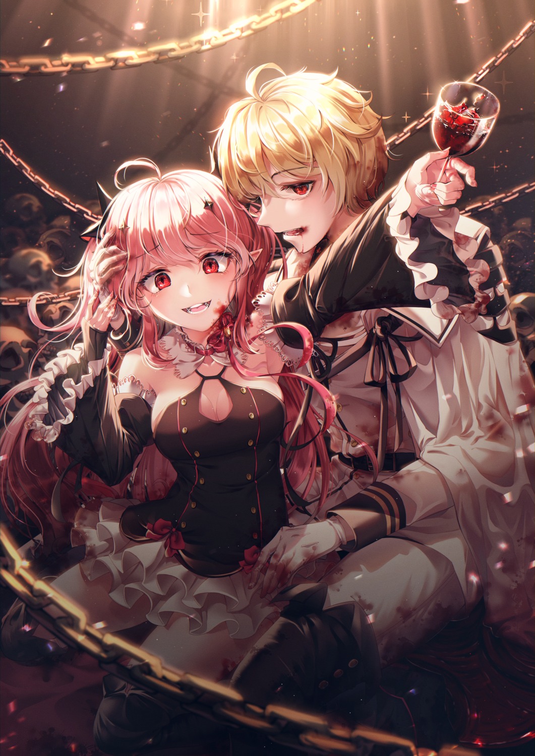 blood, cleavage, hyakuya_mikaela, krul_tepes, menna_(0012), owari_no_seraph, pointy_ears