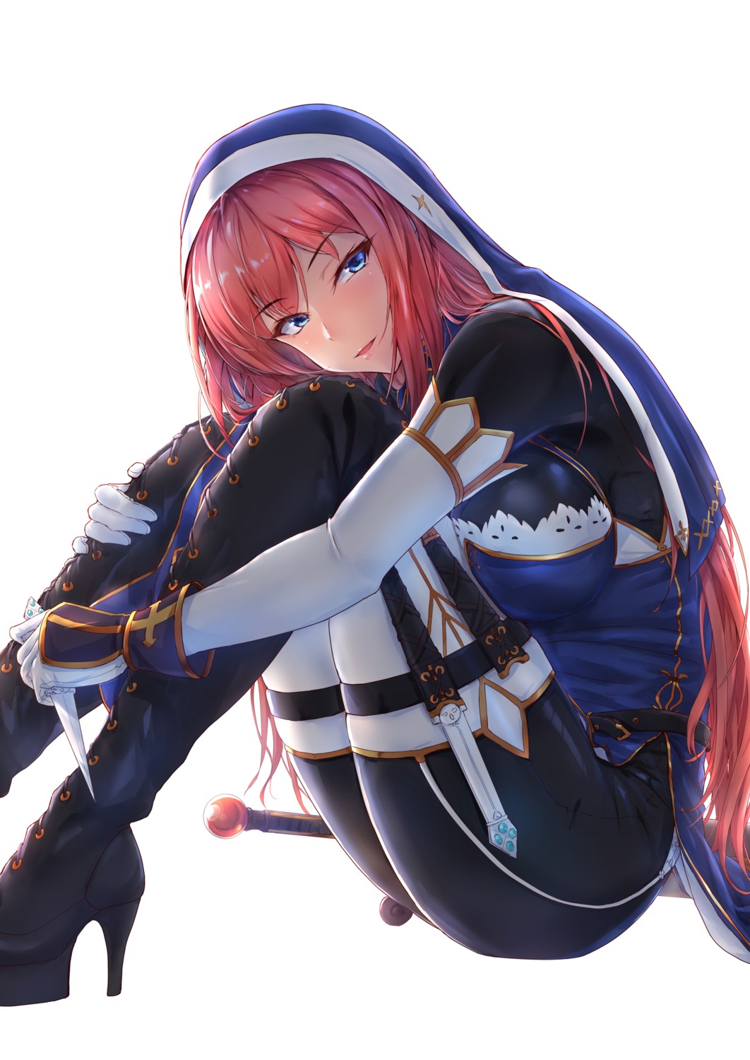 bodysuit, garter, heels, nun, sword, tori_(puru0083), weapon