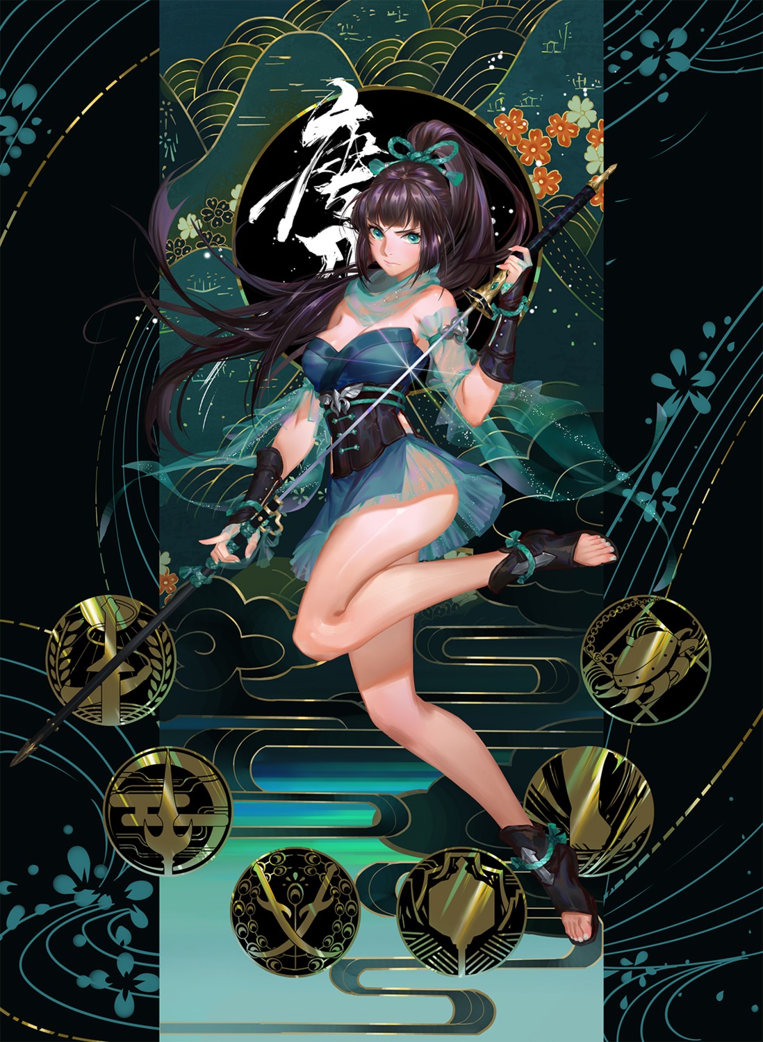 cleavage, eddy_huang_zheng, japanese_clothes, no_bra, see_through, sword