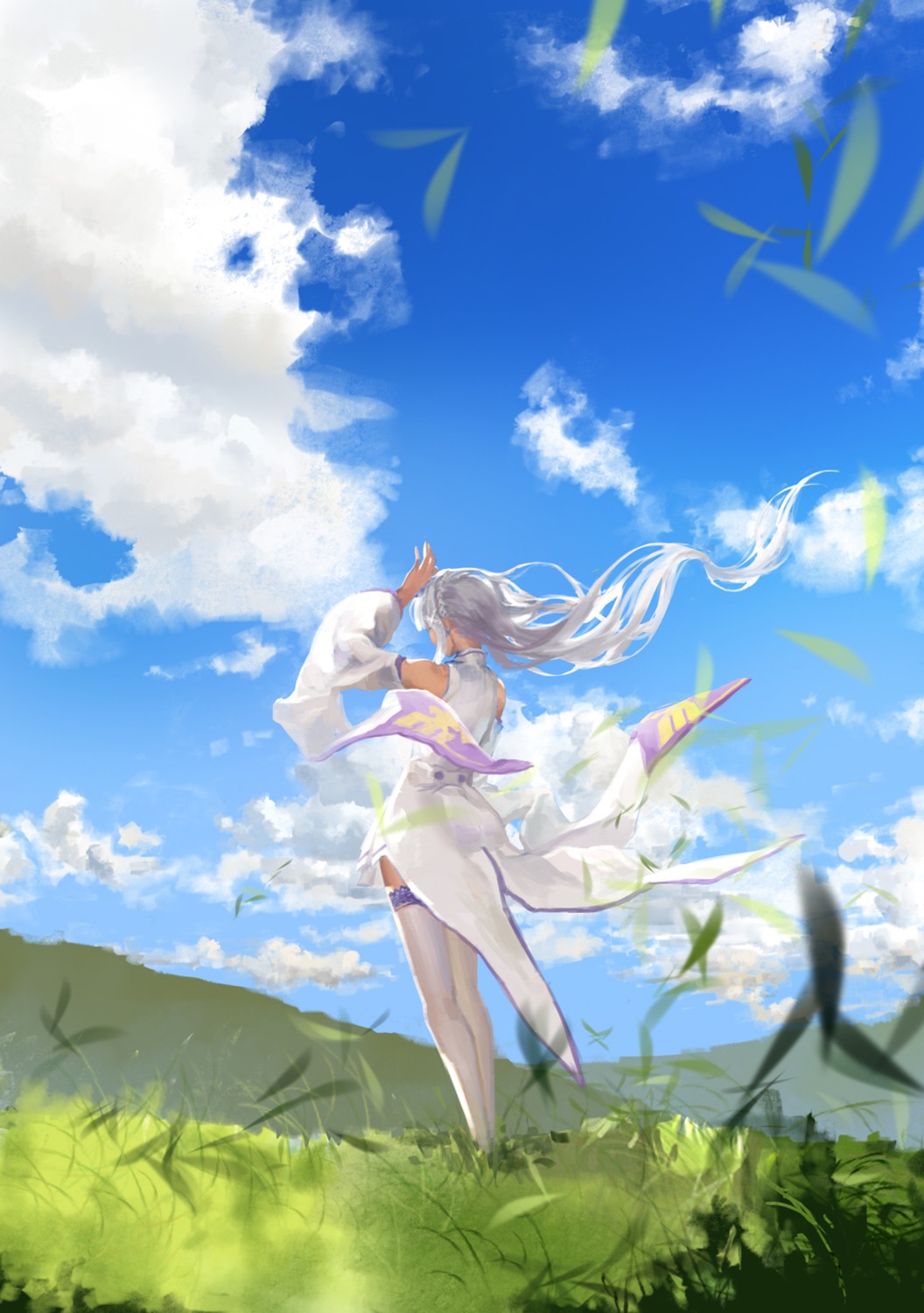 dress, eddy_huang_zheng, emilia_(re_zero), landscape, re:zero_kara_hajimeru_isekai_seikatsu, thighhighs
