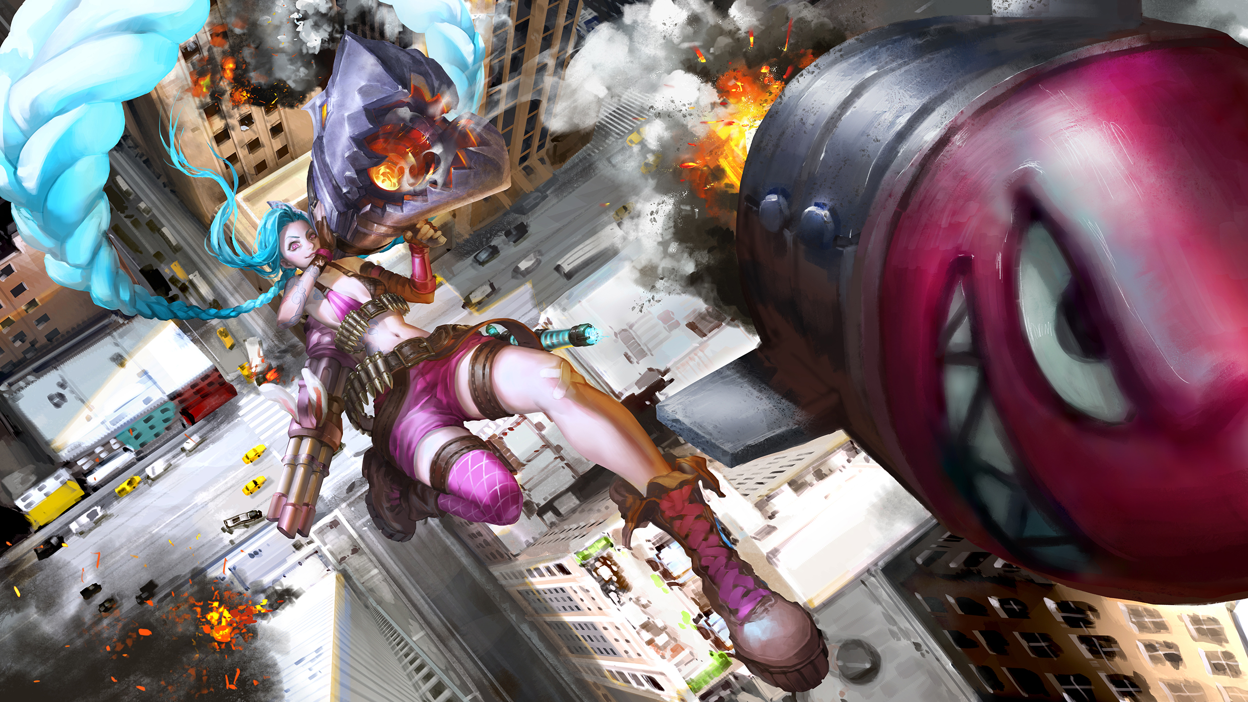bikini_top, eddy_huang_zheng, garter, jinx, league_of_legends, swimsuits, thighhighs, weapon