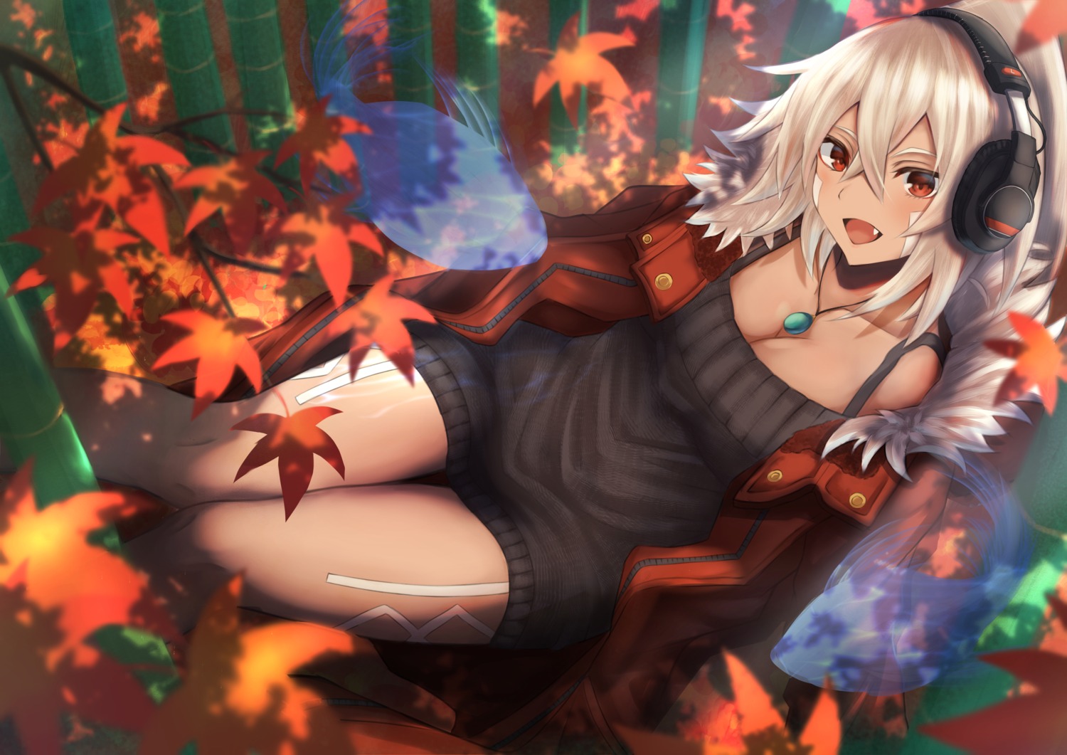 azur_lane, cleavage, dress, headphones, minneapolis_(azur_lane), sweater, tagme, tattoo