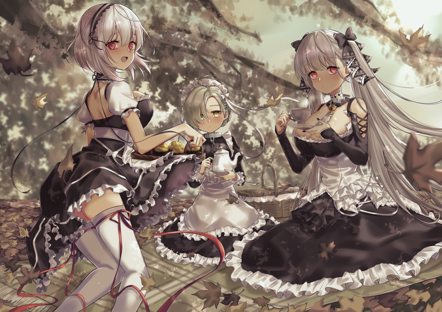 azur_lane, formidable_(azur_lane), gothic_lolita, lolita_fashion, maid, momotetu, sheffield_(azur_lane), sirius_(azur_lane), skirt_lift, thighhighs