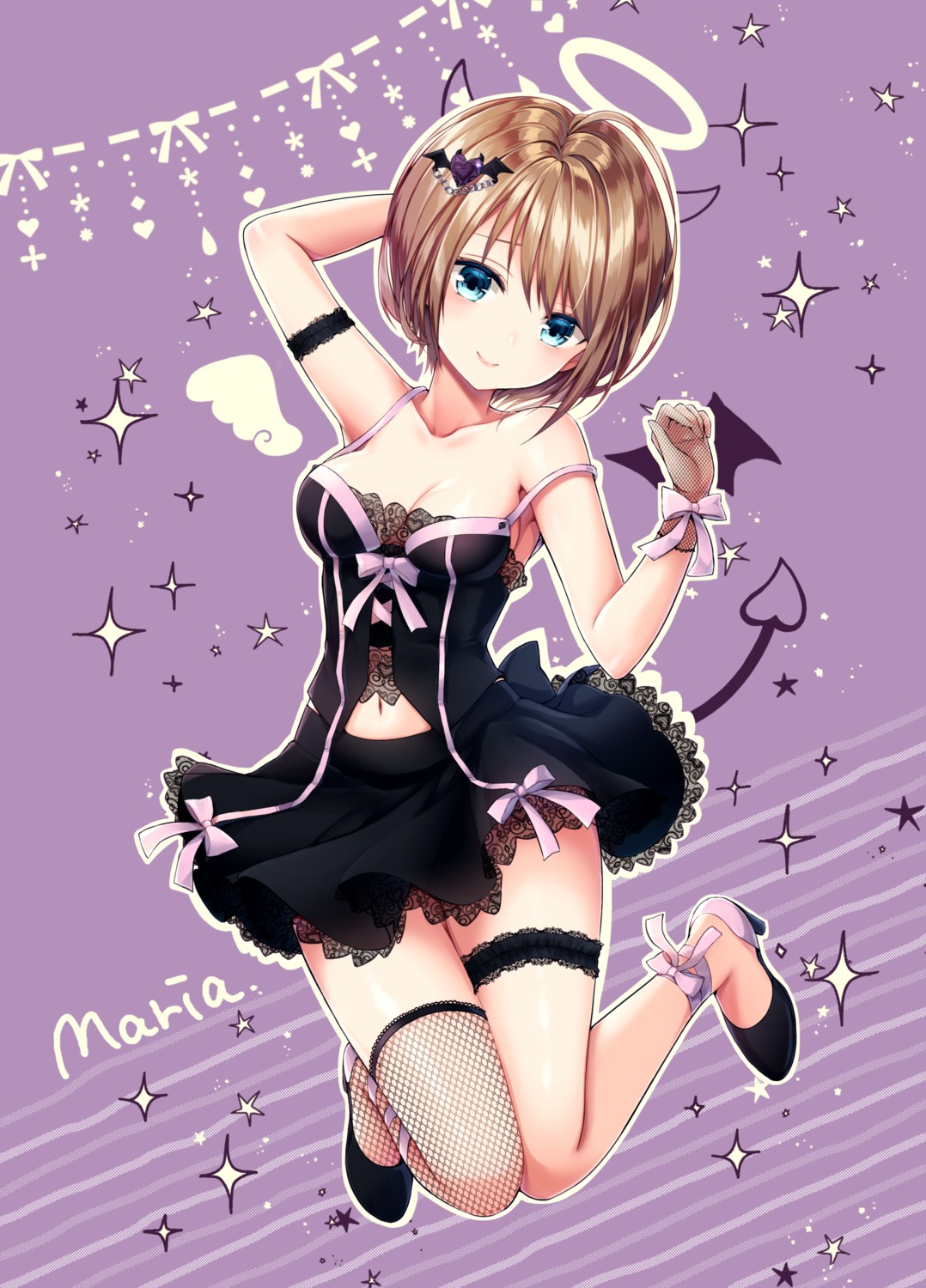 angel, cleavage, devil, fishnets, garter, heels, horns, omoomomo