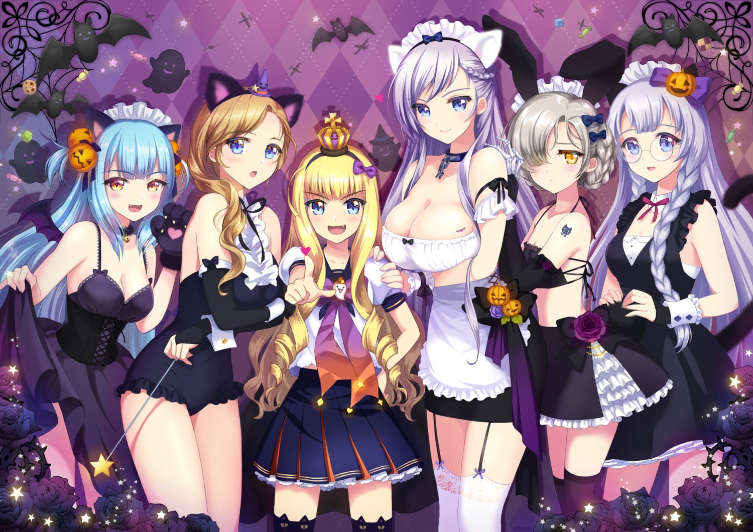 animal_ears, azur_lane, belfast_(azur_lane), breast_hold, cleavage, dress, framo, halloween, maid, megane, nekomimi, queen_elizabeth_(azur_lane), seifuku, skirt_lift, stockings, tail, tattoo, thighhighs, weapon, wings
