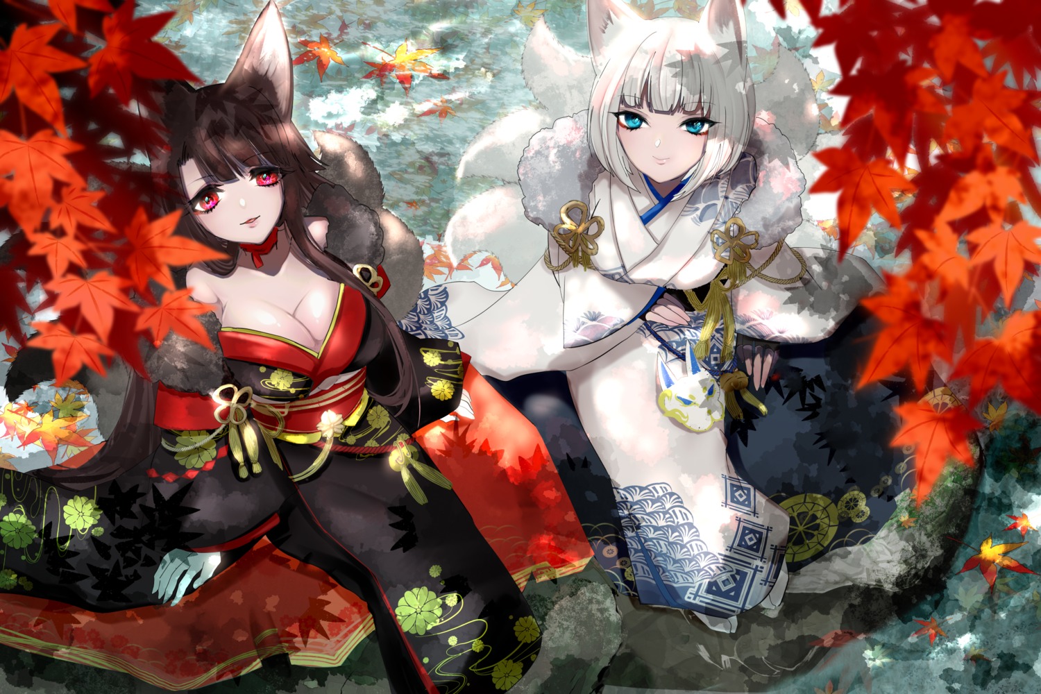 akagi_(azur_lane), animal_ears, azur_lane, cleavage, hachimitsu_hinako, kaga_(azur_lane), kitsune, no_bra, open_shirt, tail