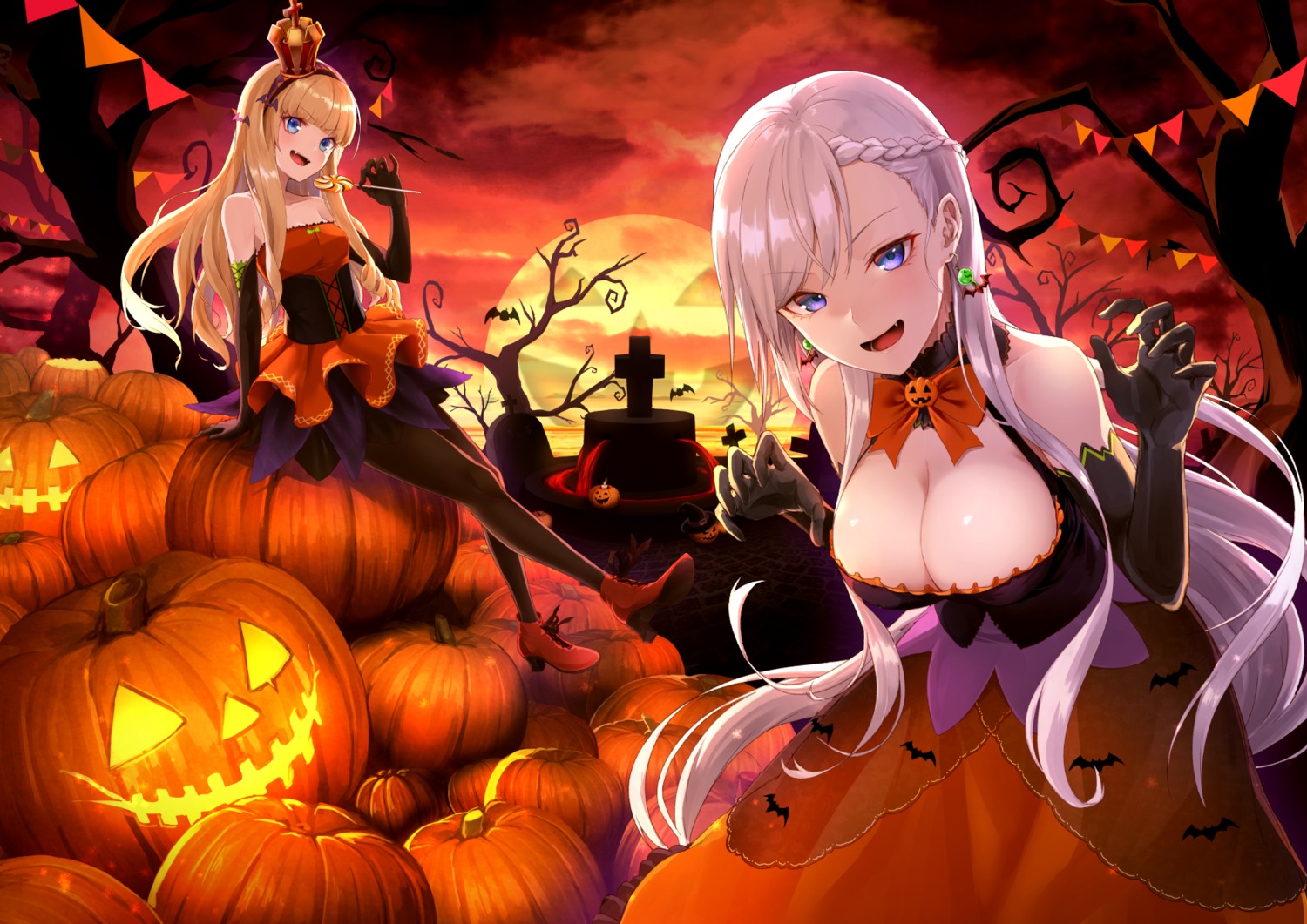 azur_lane, belfast_(azur_lane), dress, halloween, heels, ironatsuki, pantyhose, queen_elizabeth_(azur_lane)