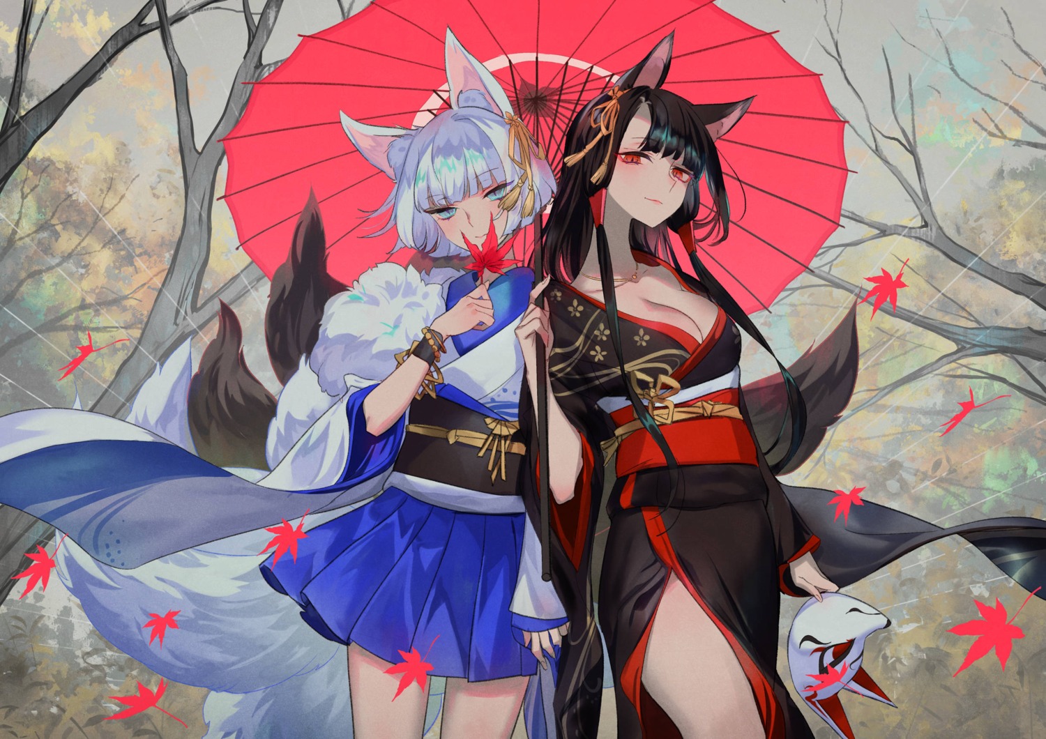 akagi_(azur_lane), animal_ears, azur_lane, cleavage, japanese_clothes, kaga_(azur_lane), kitsune, no_bra, ojyou, open_shirt, tail, umbrella
