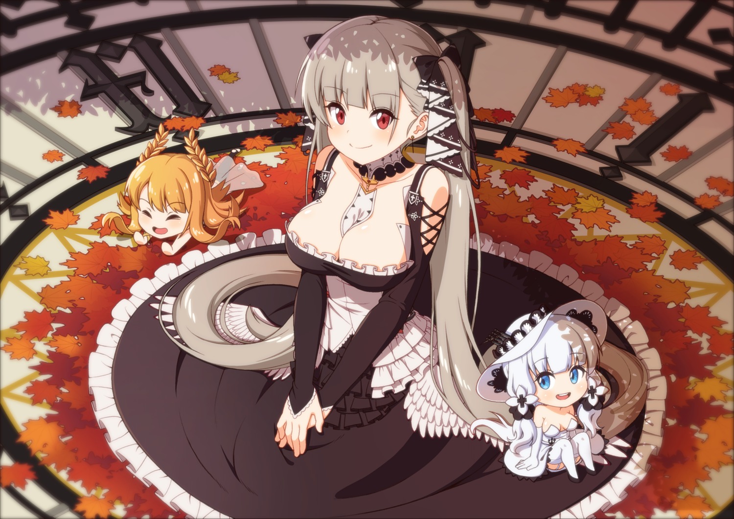 azur_lane, chibi, dress, formidable_(azur_lane), gothic_lolita, illustrious_(azur_lane), lolita_fashion, no_bra, sizque, skirt_lift, stockings, thighhighs, victorious_(azur_lane)