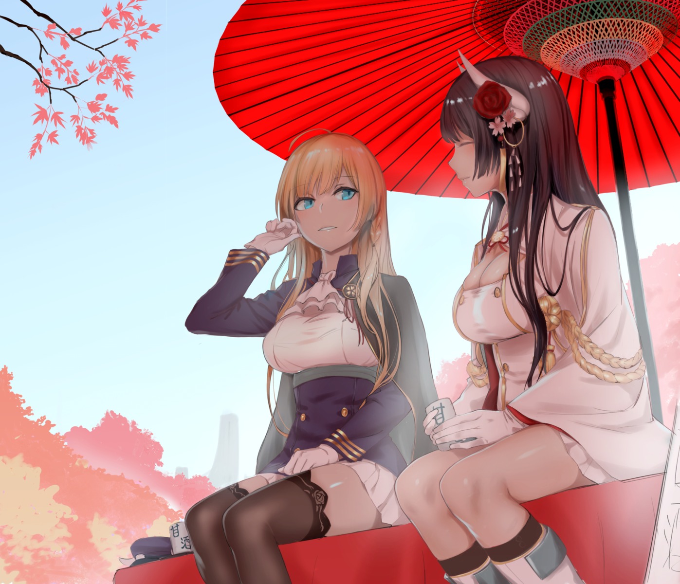 azur_lane, cleavage, edgevideo, hiei_(azur_lane), horns, kongou_(azur_lane), thighhighs, uniform