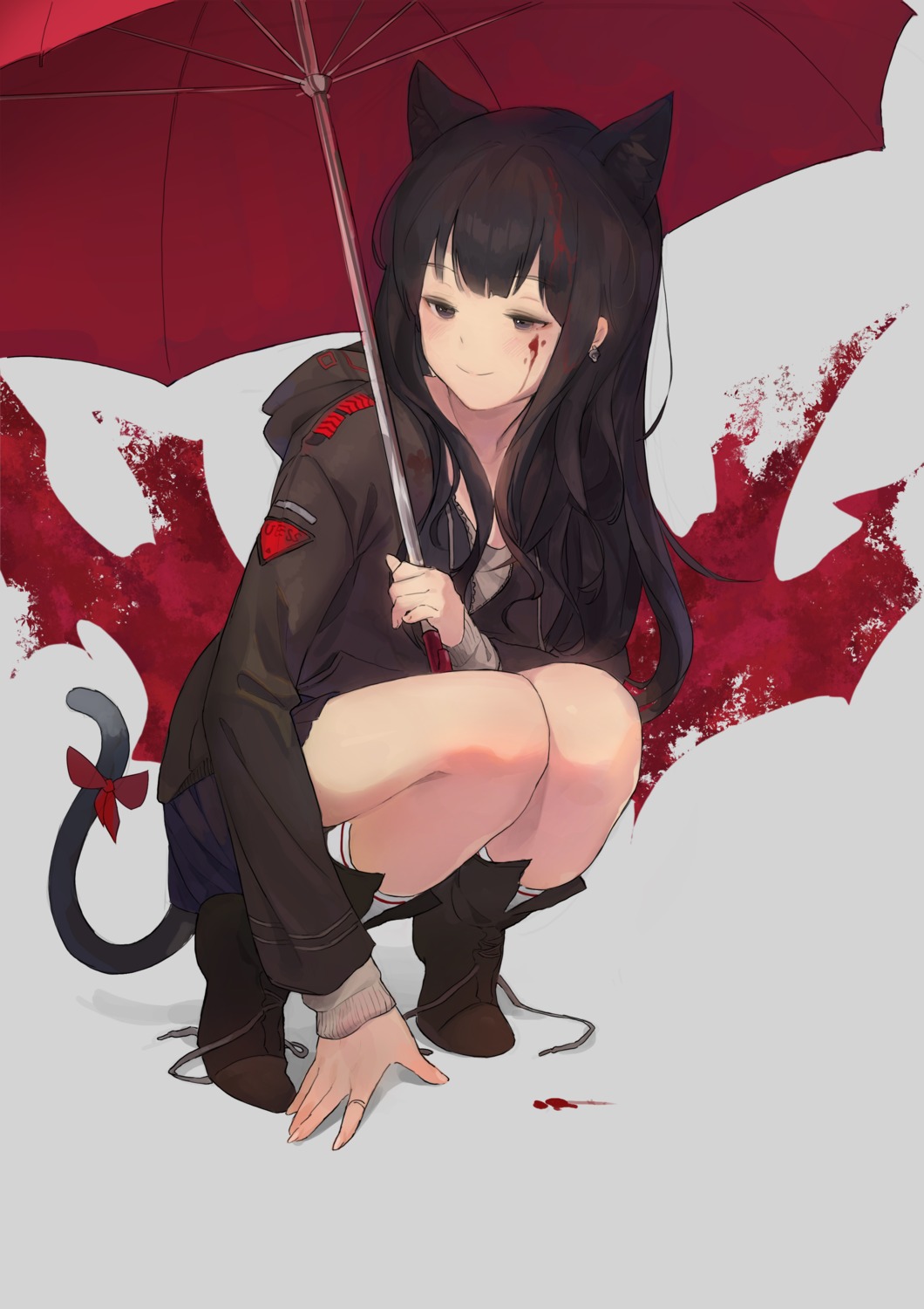 animal_ears, blood, nekomimi, tail, umbrella, uthy