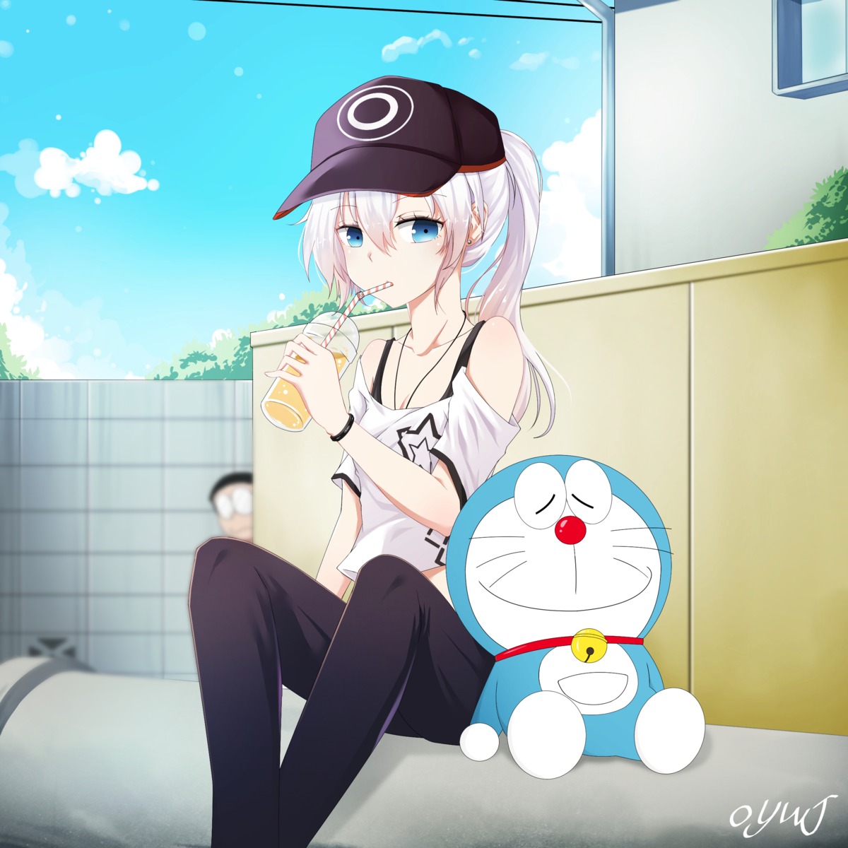 black_rock_shooter, black_rock_shooter_(character), cleavage, crossover, doraemon, doraemon_(character), nobi_nobita, oywj