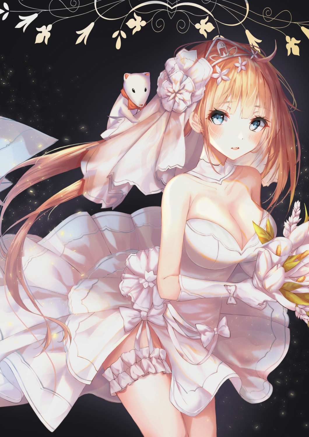 cleavage, dress, fal_(girls_frontline), garter, girls_frontline, merryj, skirt_lift, wedding_dress