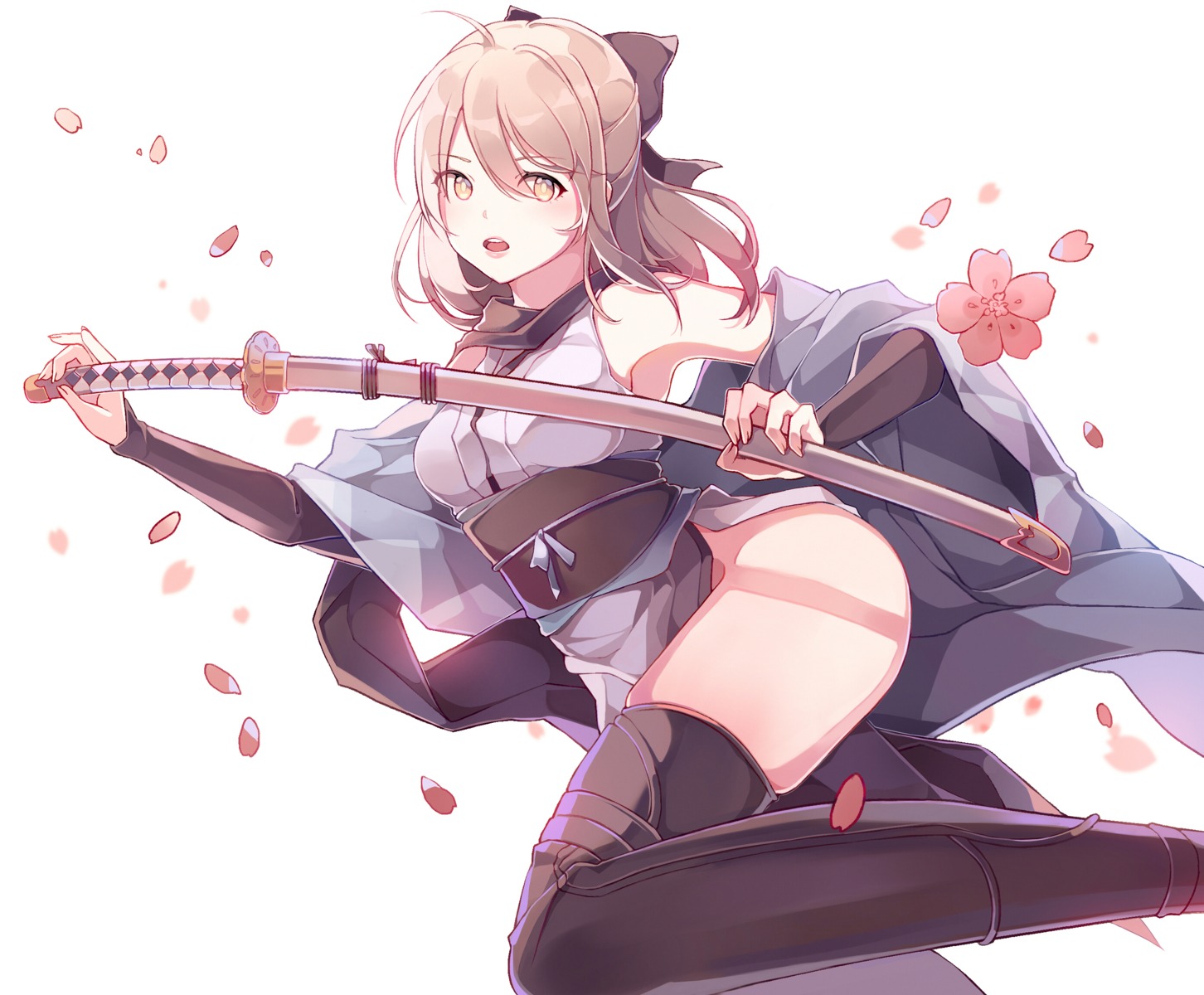 fate/grand_order, japanese_clothes, okita_souji_(fate), saibe, sword, thighhighs