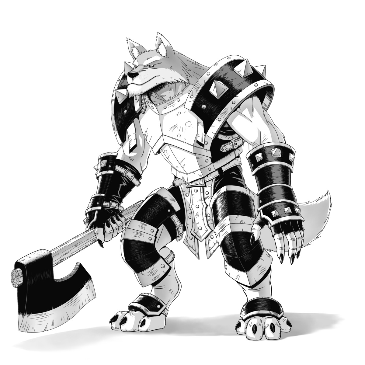 animal_ears, armor, danreizer, monochrome, tail, weapon
