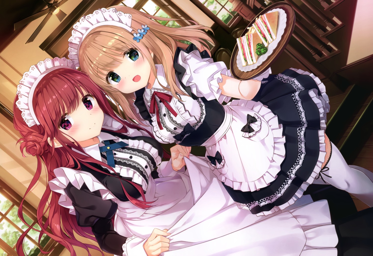 kimishima_ao, maid, momoi_saki, shirayuri_riko, skirt_lift, thighhighs, waitress