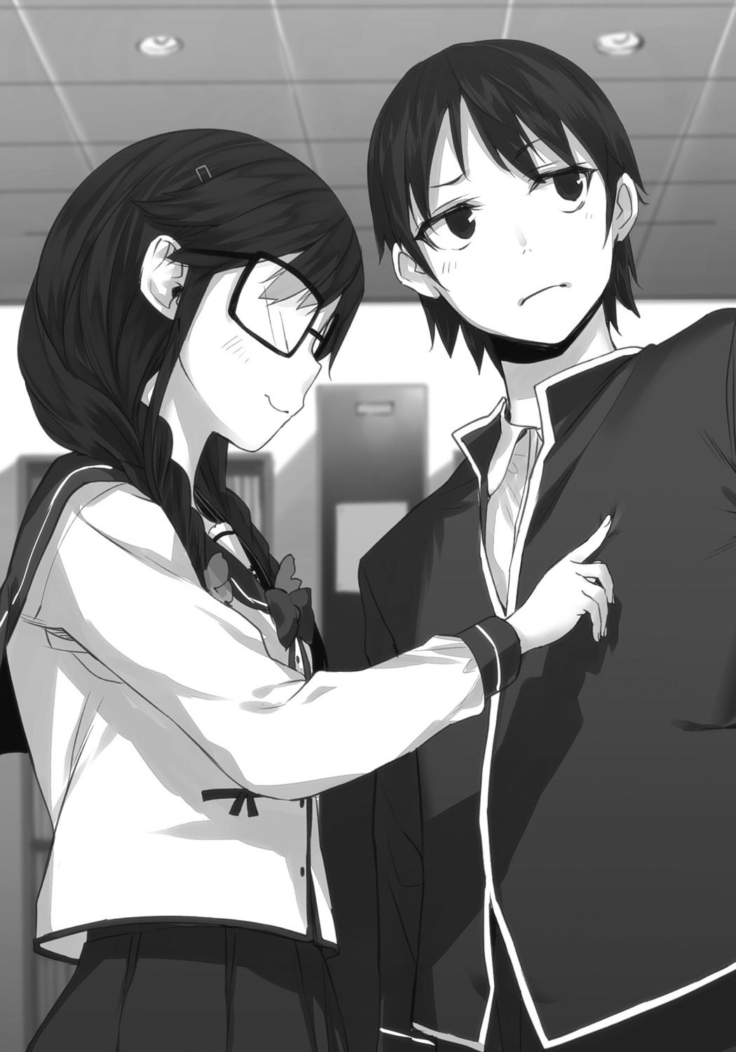 buriki, kisaragi_amatsuyu, megane, monochrome, ore_wo_suki_nano_wa_omae_dake_ka_yo, sanshokuin_sumireko, seifuku
