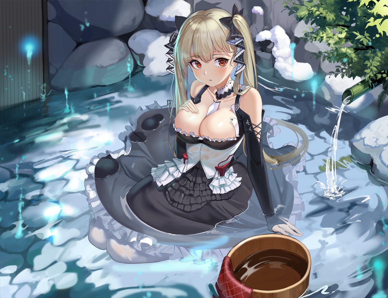 azur_lane, breast_hold, formidable_(azur_lane), gothic_lolita, lolita_fashion, merchant91, no_bra, onsen