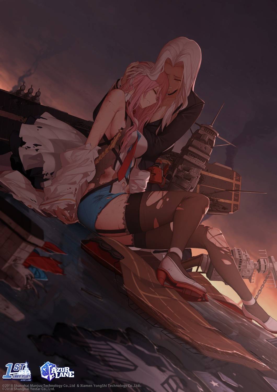 azur_lane, dishwasher1910, heels, lexington_(azur_lane), stockings, thighhighs, torn_clothes, yorktown_(azur_lane)